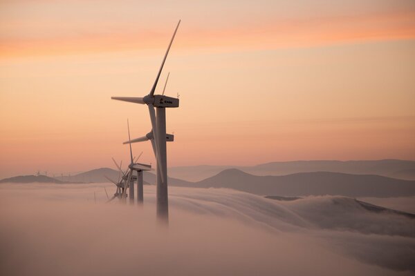 Mulini a vento annegati nella nebbia del mattino