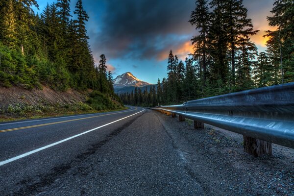 The road to the mountains through the trees and forest