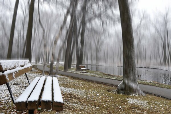 Banc enneigé dans le parc près de l étang