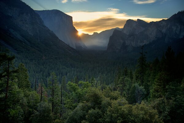 Dawn among the mountains and forests