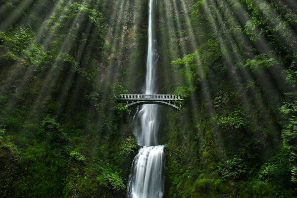 A bridge over a waterfall illuminated by the rays of the sun