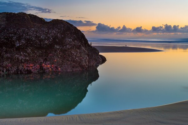 Coucher de soleil sur la côte sur fond de falaise