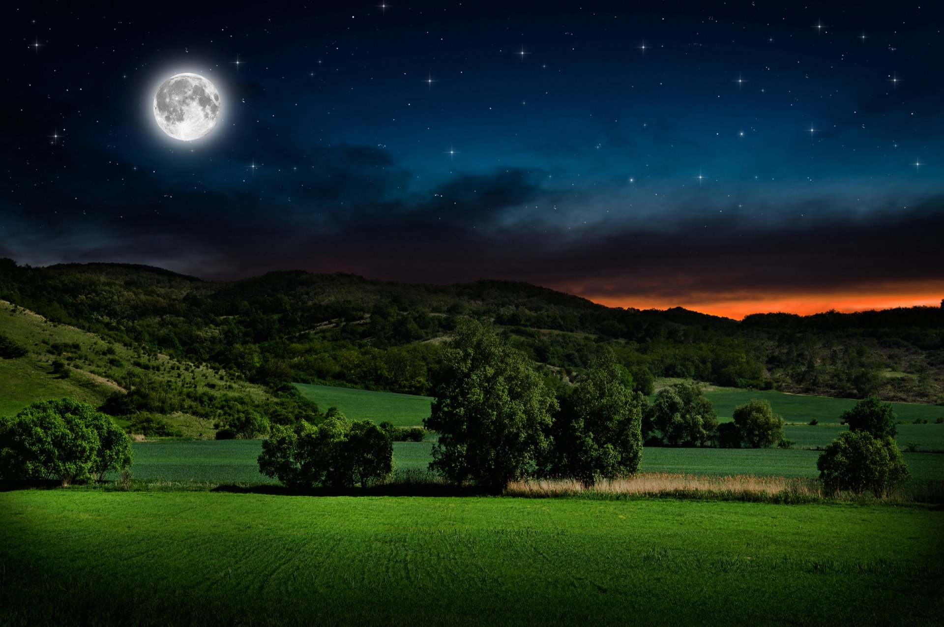 paisaje noche luna estrellas resplandor colinas arbustos árboles serenidad viajes mi planeta bokeh fondo de pantalla