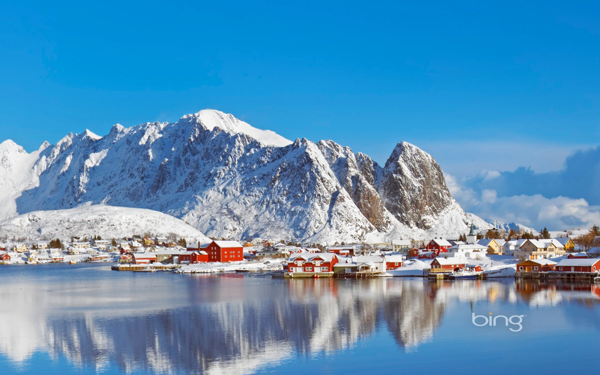 reine lofoten islands norway sky mountain sea house village winter snow