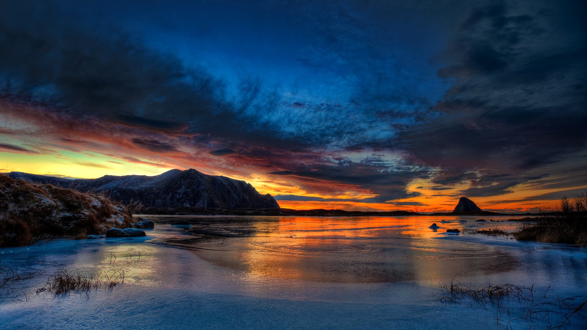 himmel wolken sonnenuntergang glühen berge see felsen winter eis