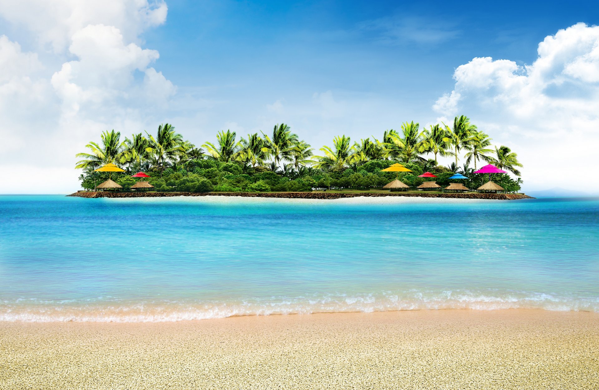 nature tropics sea beach palm umbrellas island