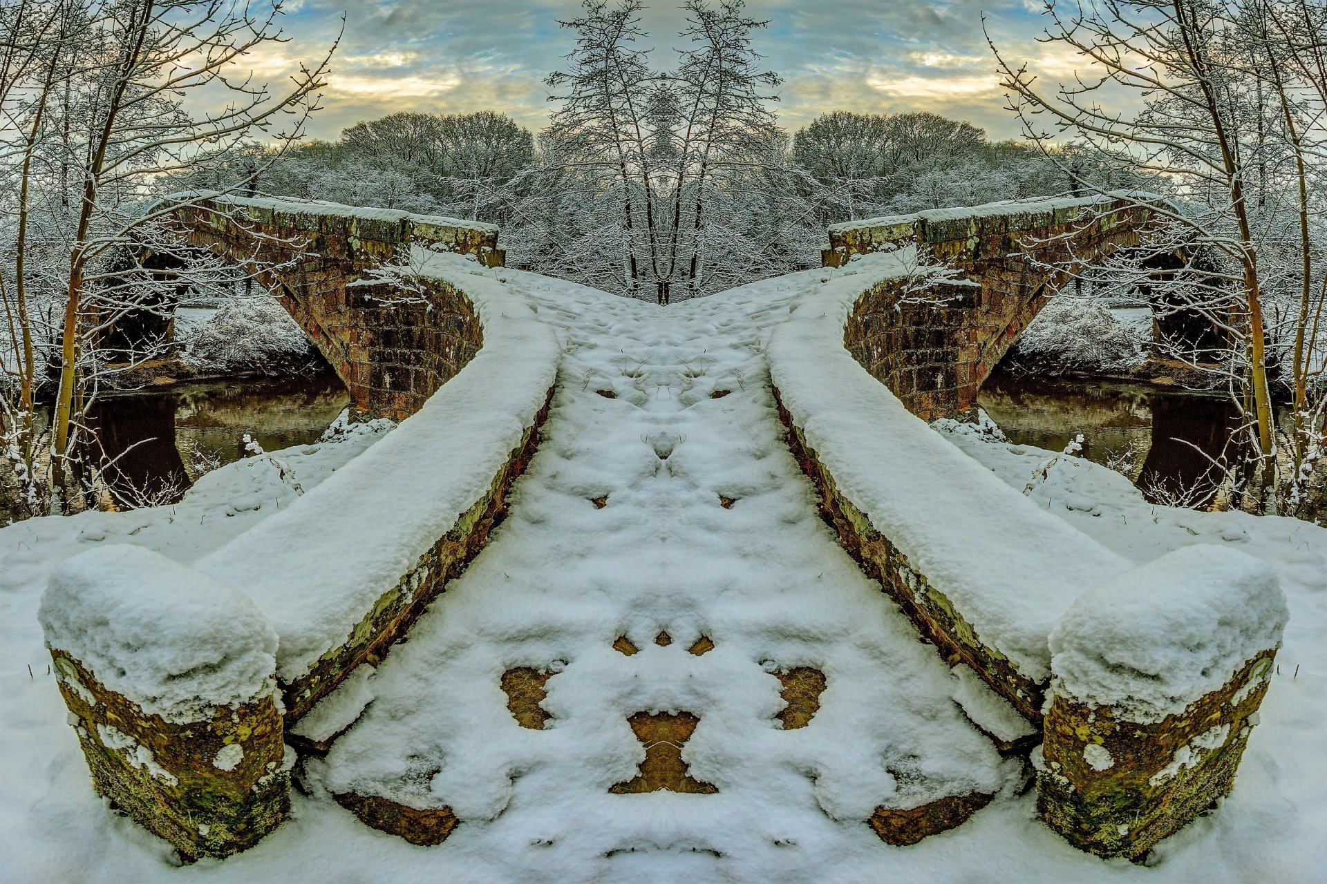 winter fluss steinbrücke schnee bäume frost himmel