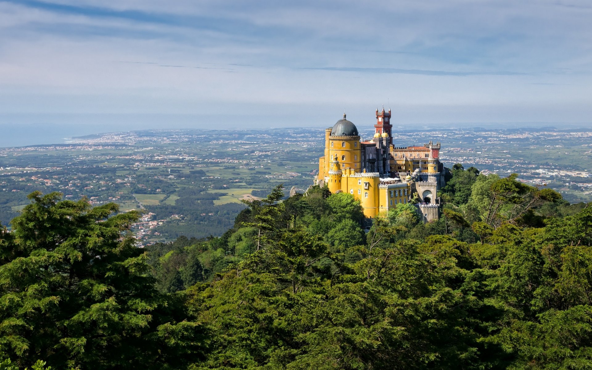 portugal pena palace sky valley mountain castle tower dome