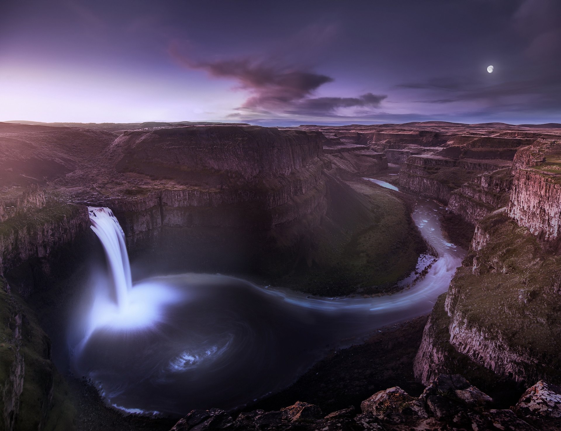 estados unidos washington estado valle cañón cascada noche lila cielo nubes mes luna