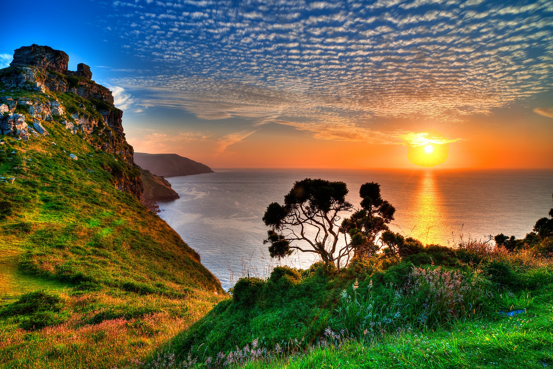 gb exmoor himmel wolken sonne sonnenuntergang felsen gras berge baum meer horizont reflexion