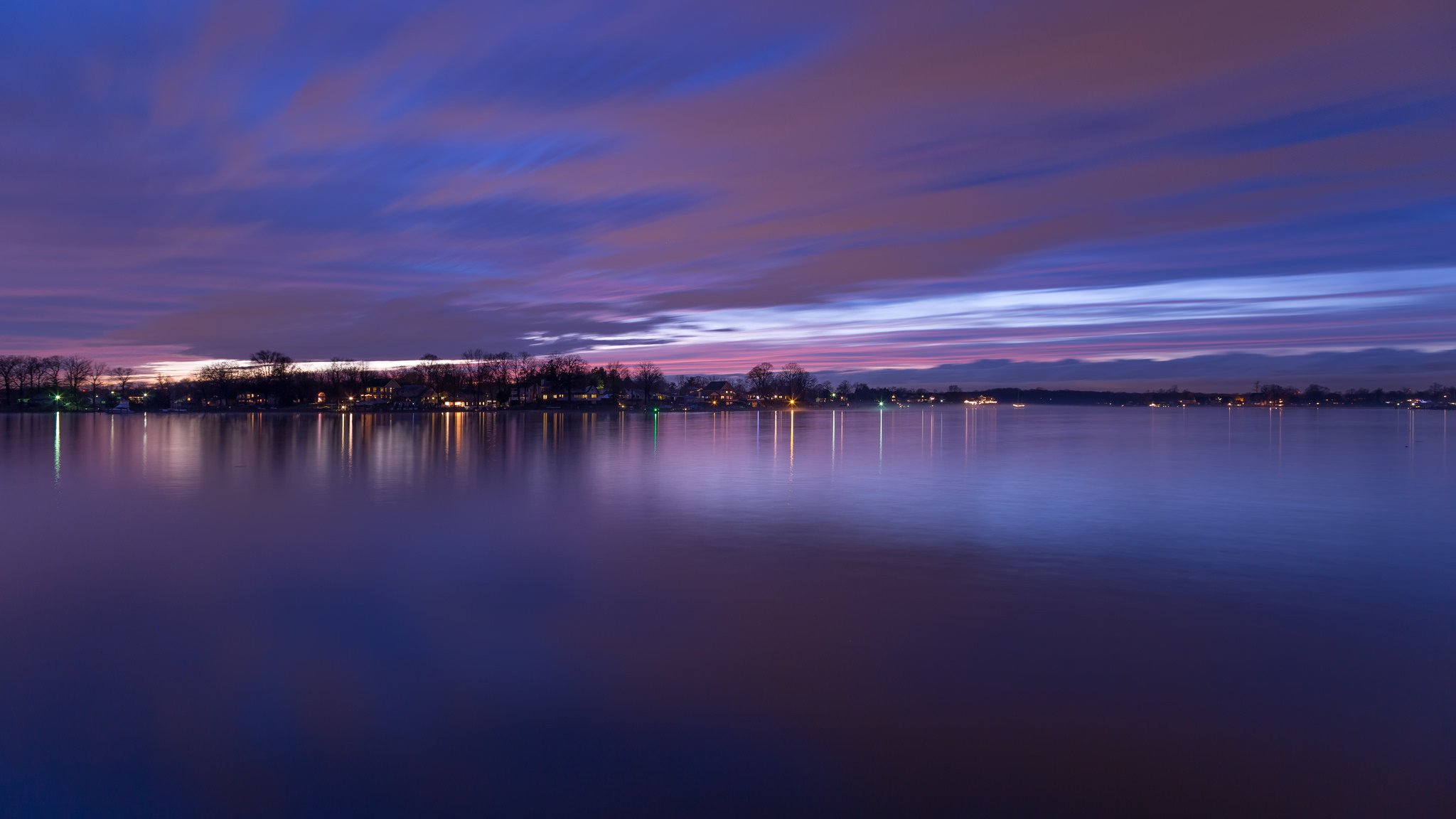 usa maryland baltimore river county evening twilight lights shore trees purple sky sunset cloud