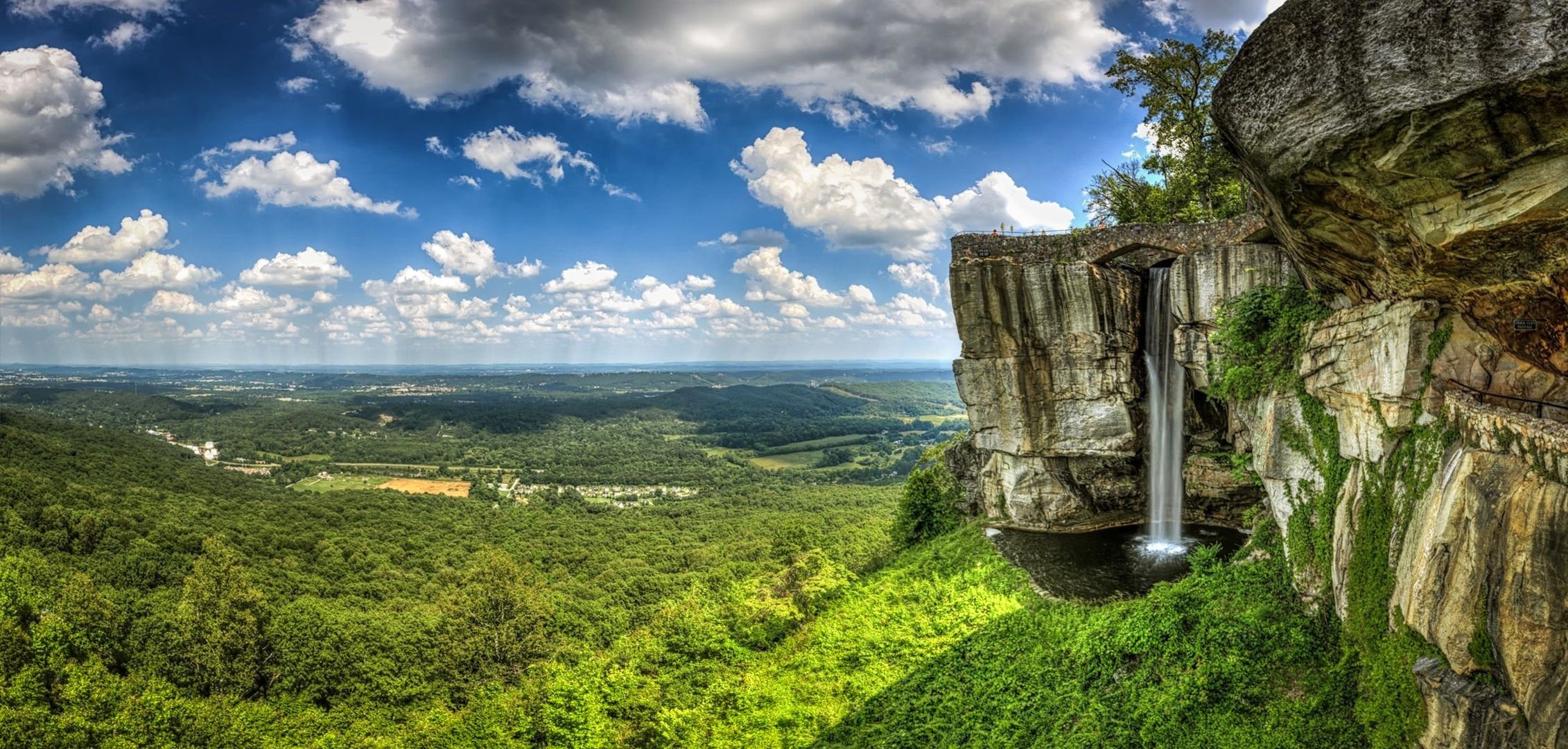 ky clouds mountain rock broken waterfall forest valley tree