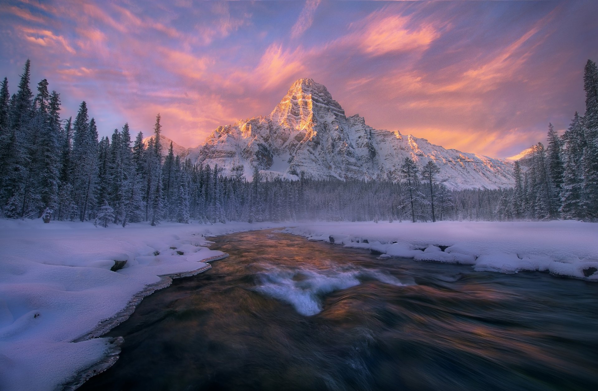 canada alberta parco nazionale di banff monte chefren inverno foresta fiume flusso neve