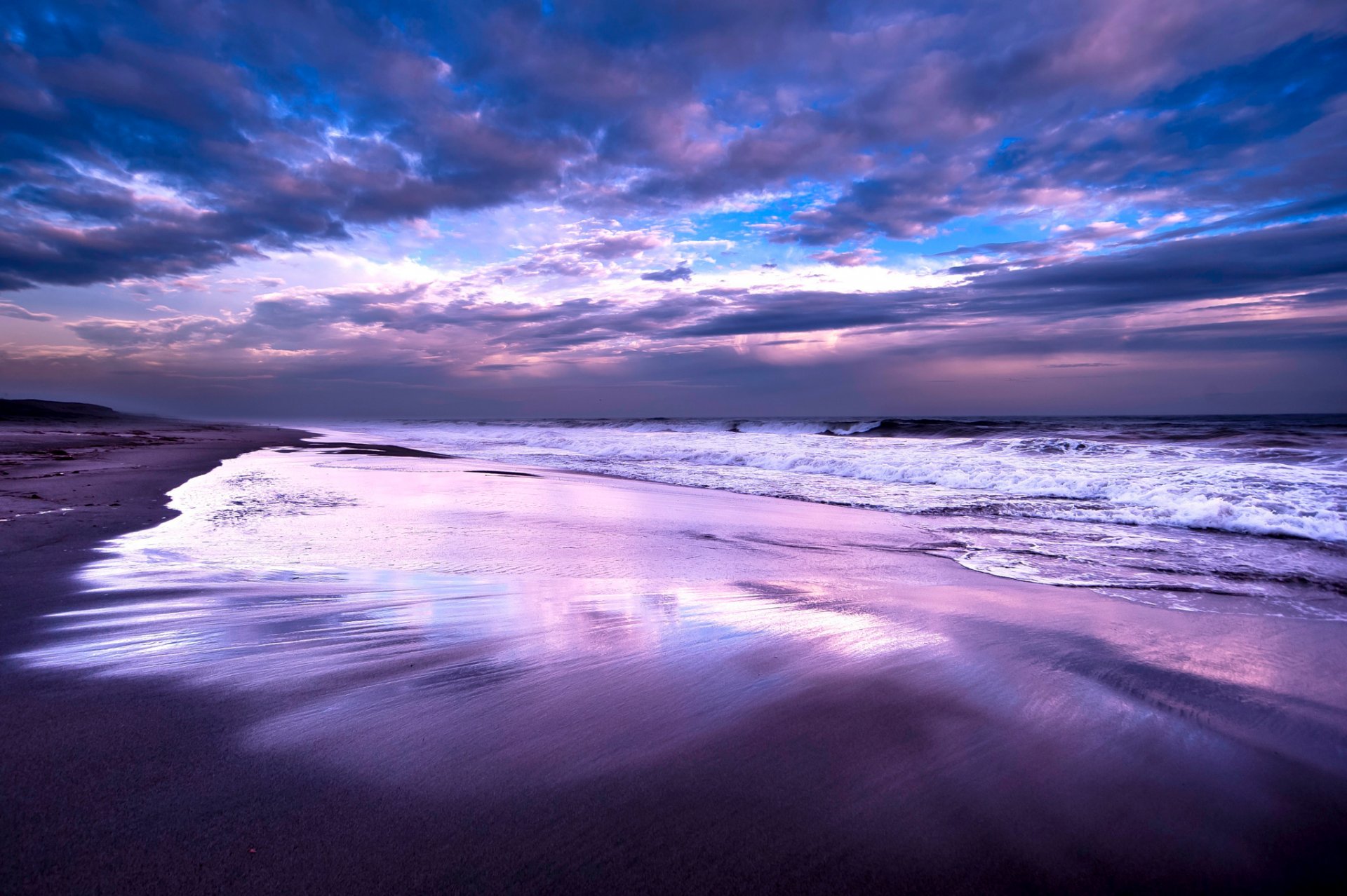 meer ozean ufer brandung abend blau flieder himmel wolken wolken