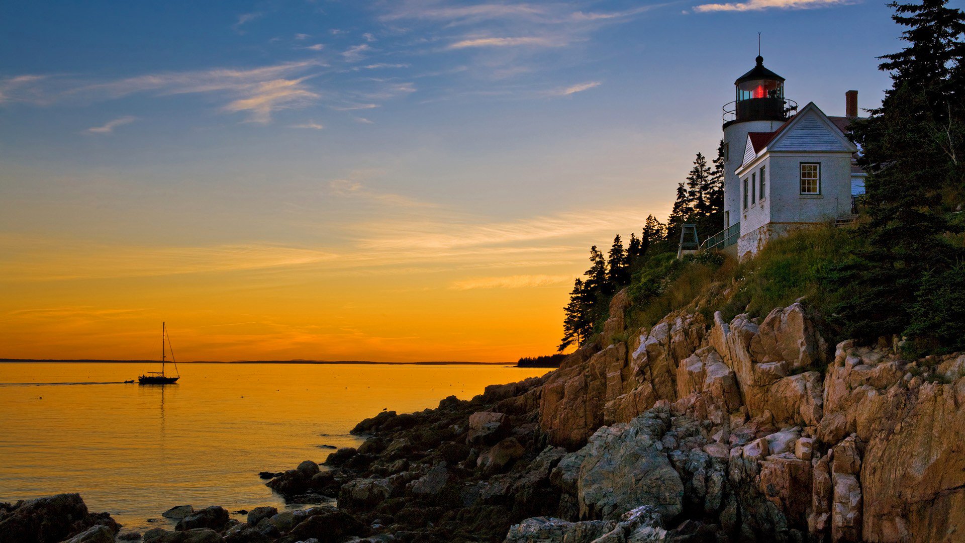 ciel coucher de soleil mer bateau rocher maison phare