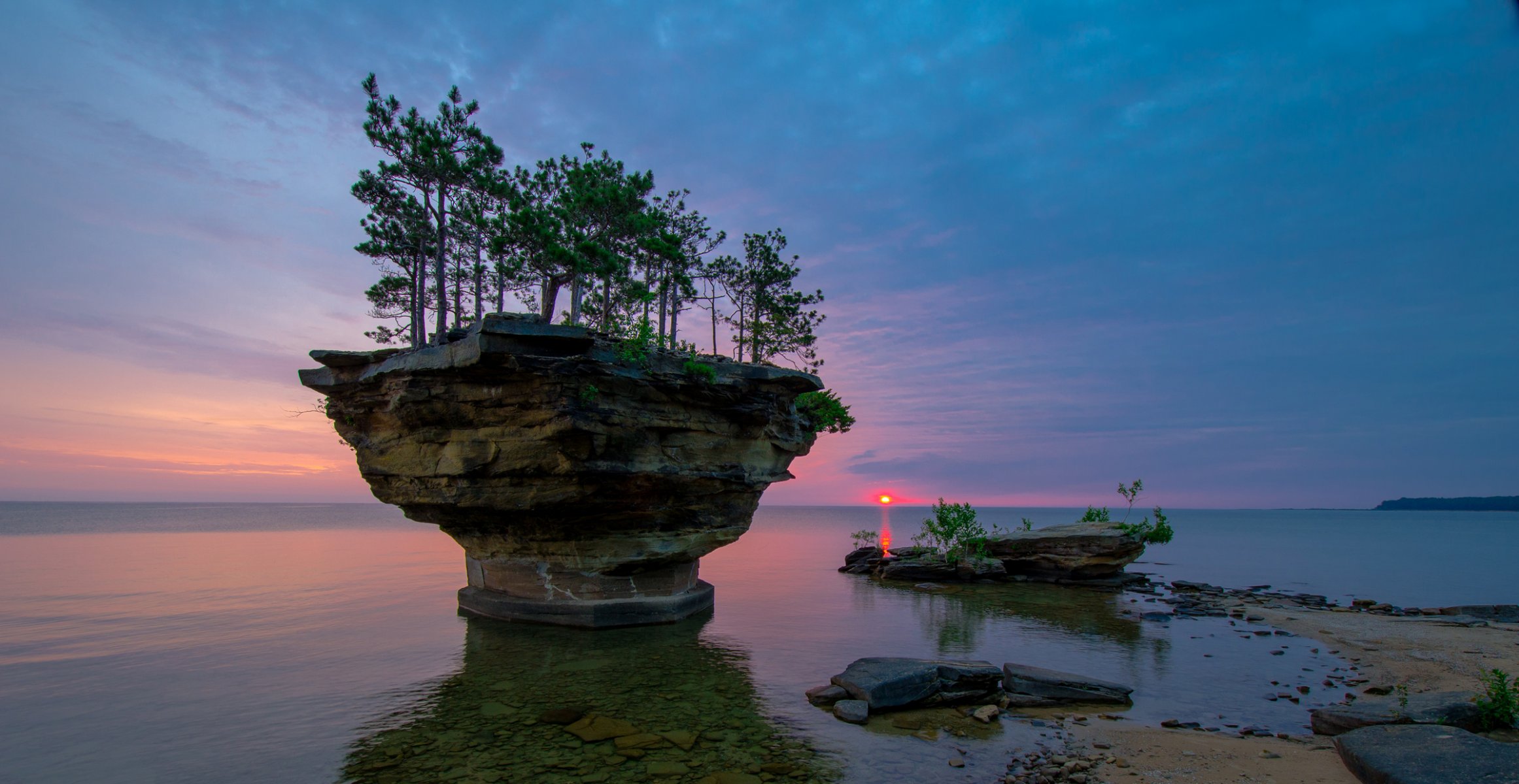 ky clouds sun sunset sea lake rock tree