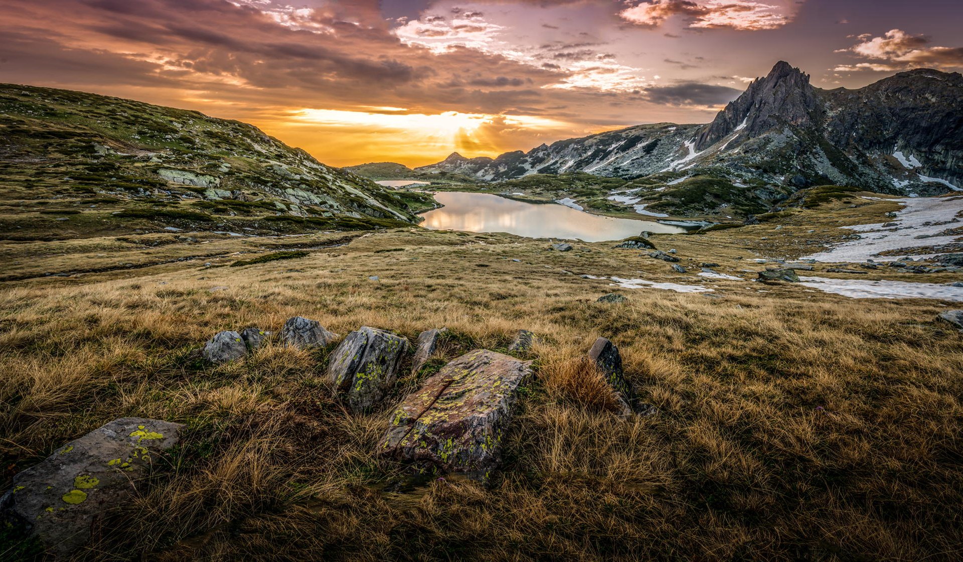 bulgaria mountain stones grass lake sunrise cloud