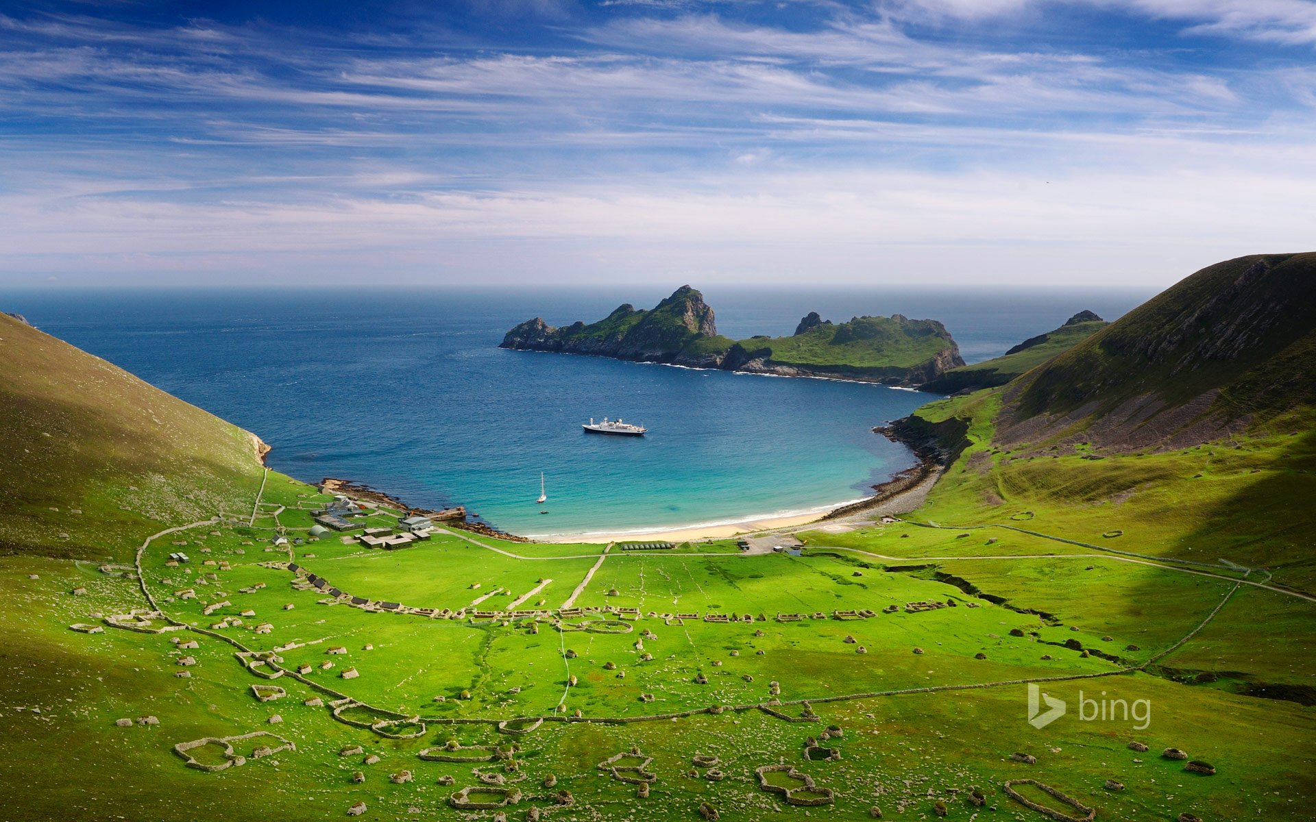 village bay island hinta scotland sky sea mountain valley bay ship