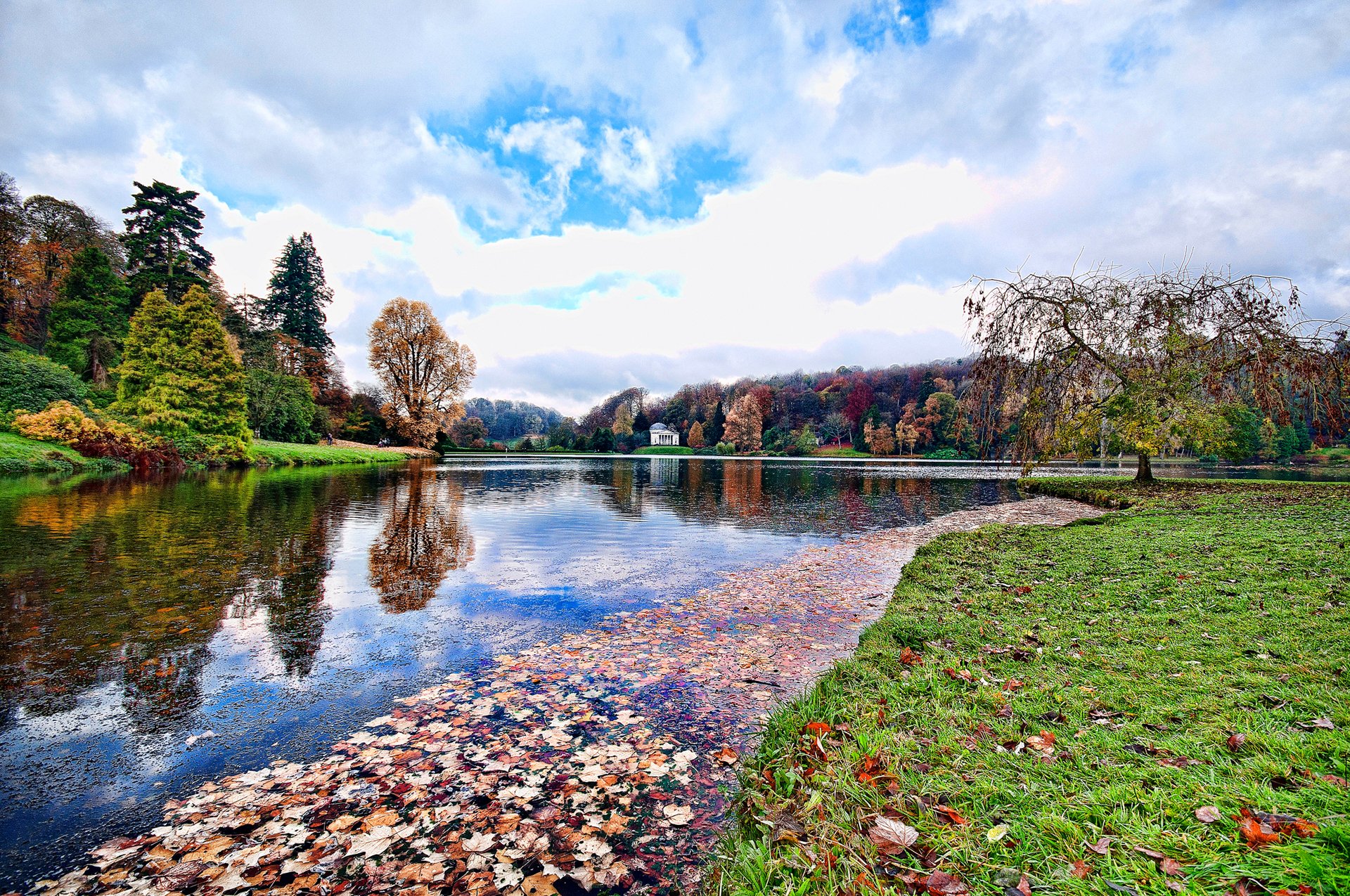 wiltshire england sky clouds tree autumn pond garden furniture