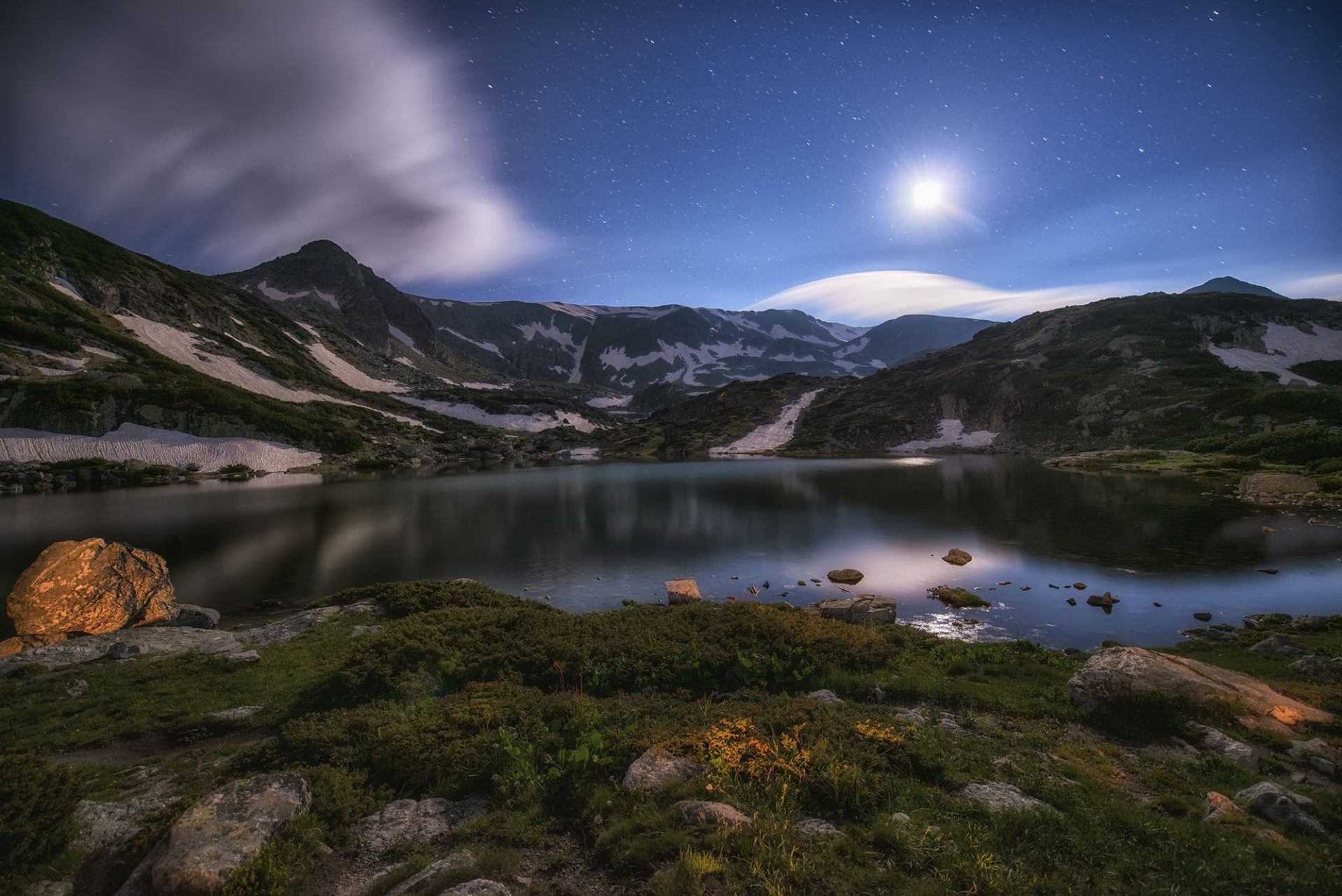 berge see nacht mond sterne