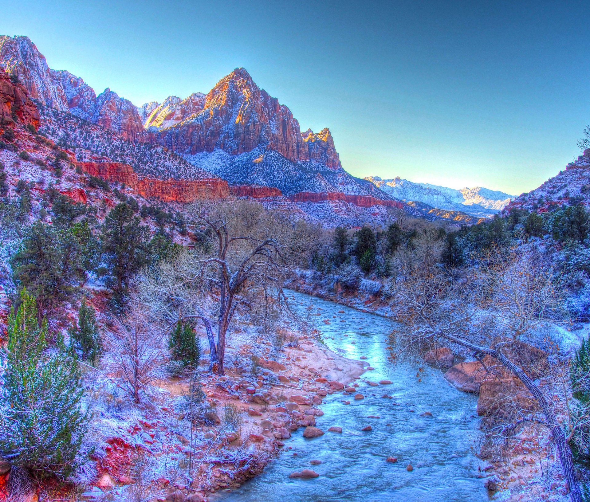 park narodowy zion utah usa niebo góry zima śnieg rzeka