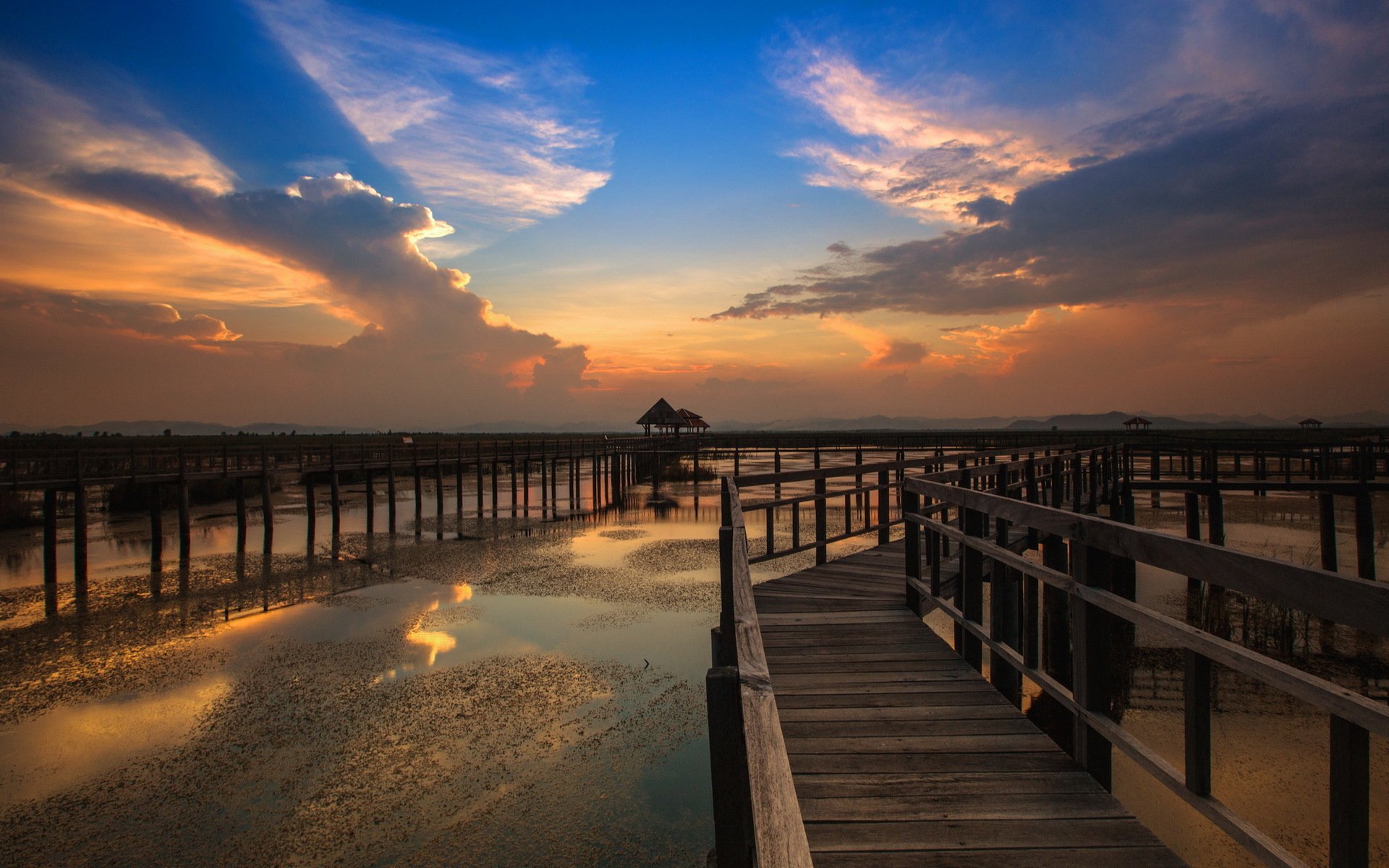 mer coucher de soleil pont paysage