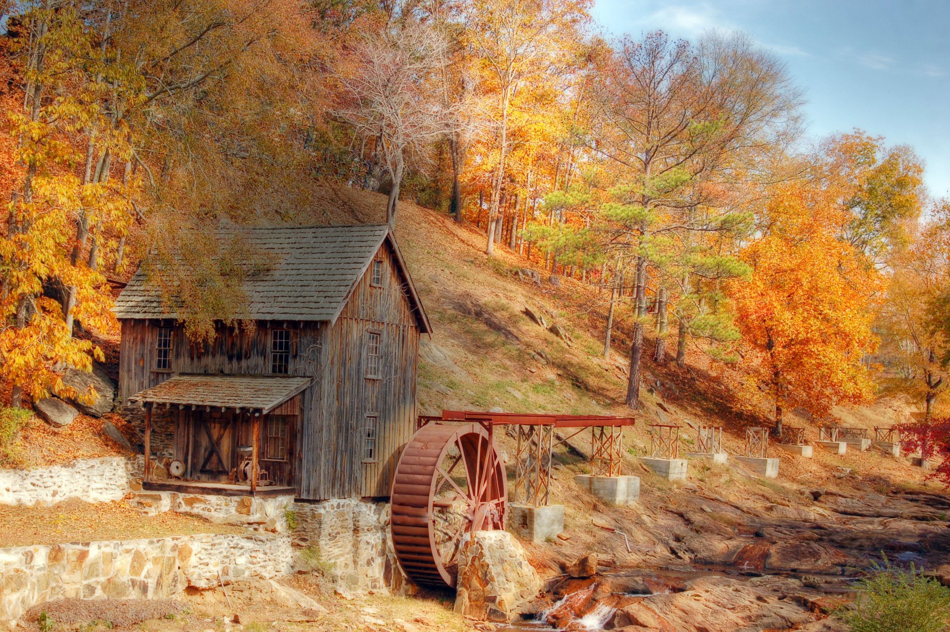 autumn creek old mill tree red-yellow leave