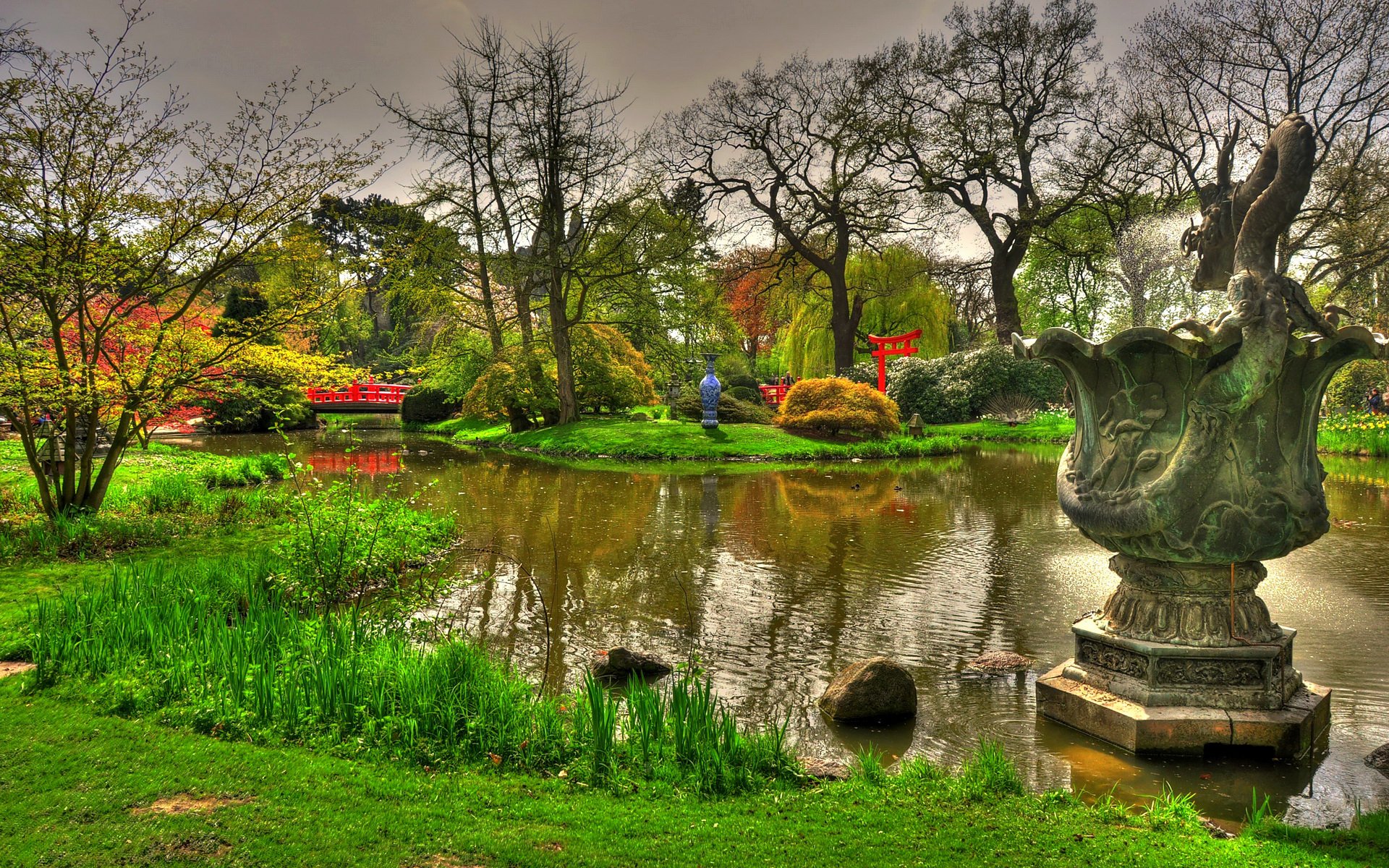 germany hamburg japanese garden sky pond sculpture flower grass vase bridge