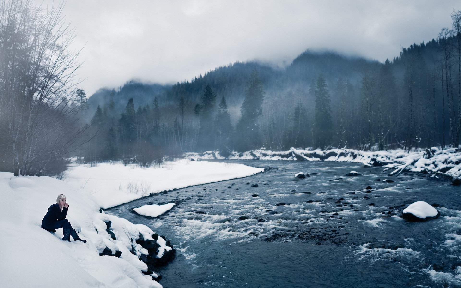 chica río invierno paisaje estado de ánimo