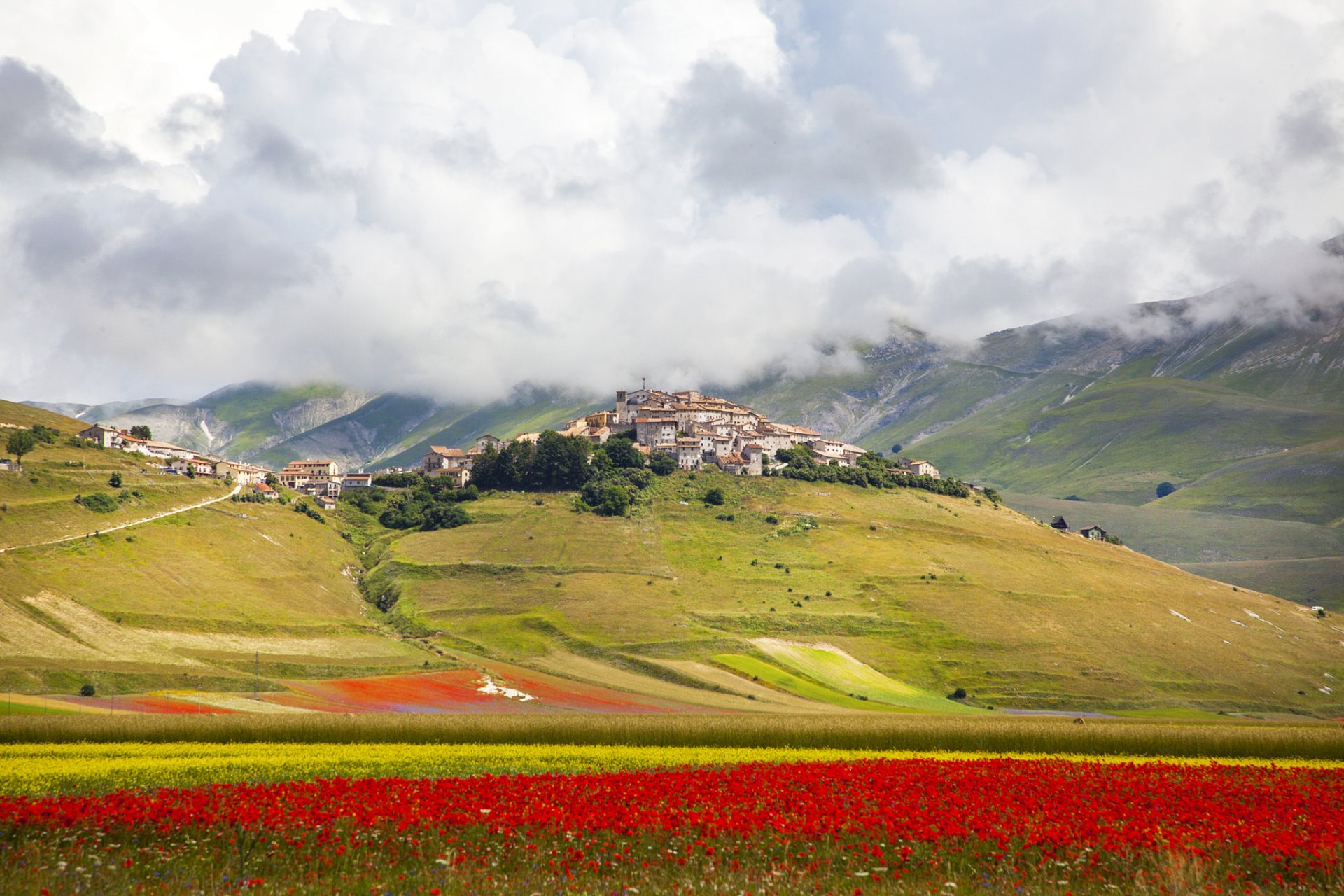 italien himmel wolken hügel feld blumen stadt häuser