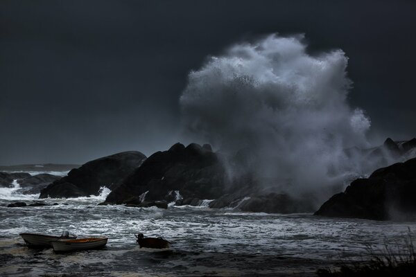 There is a squall of wind at sea in the harbor