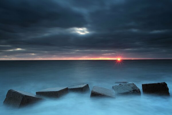 Blocks in a foggy sunset