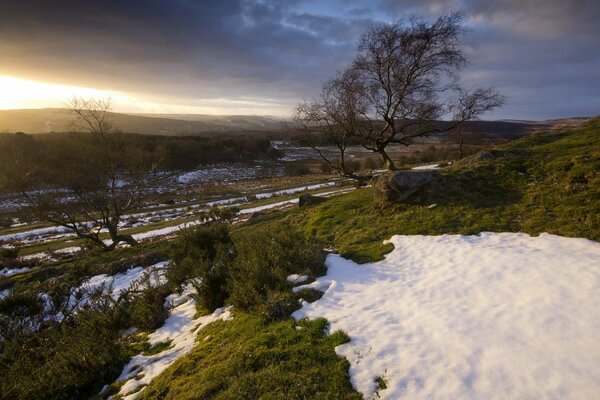 Restos de nieve blanca en el campo