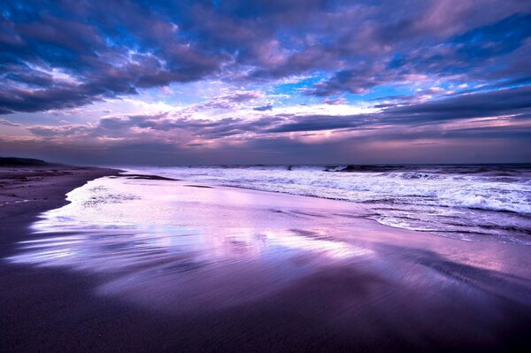 Lilac evening by the ocean
