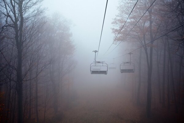 The cable car over the cold dense fog is overshadowed by forests