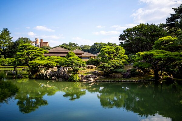 Schöner Rizurin Garten und Teich in Japan