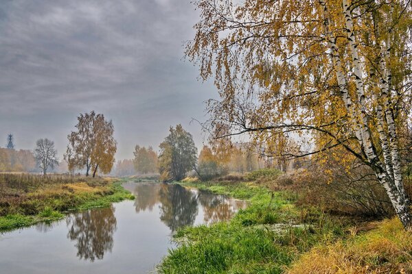 Russische Herbstlandschaft mit Birke