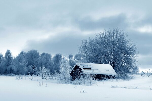 Abandoned village house in winter