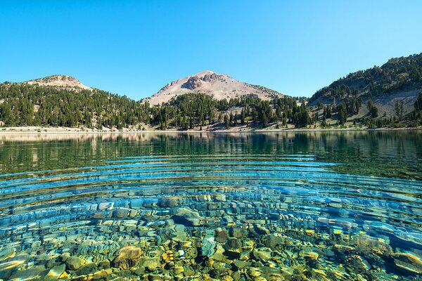 Lago transparente cerca de las altas montañas