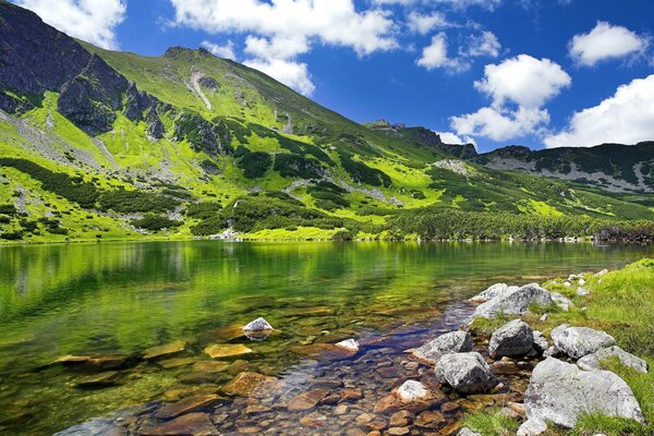 Fabulous mountains, clouds, lake and rocks