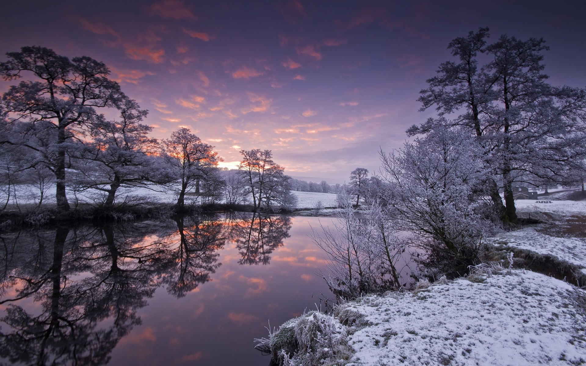 rivière hiver coucher de soleil paysage