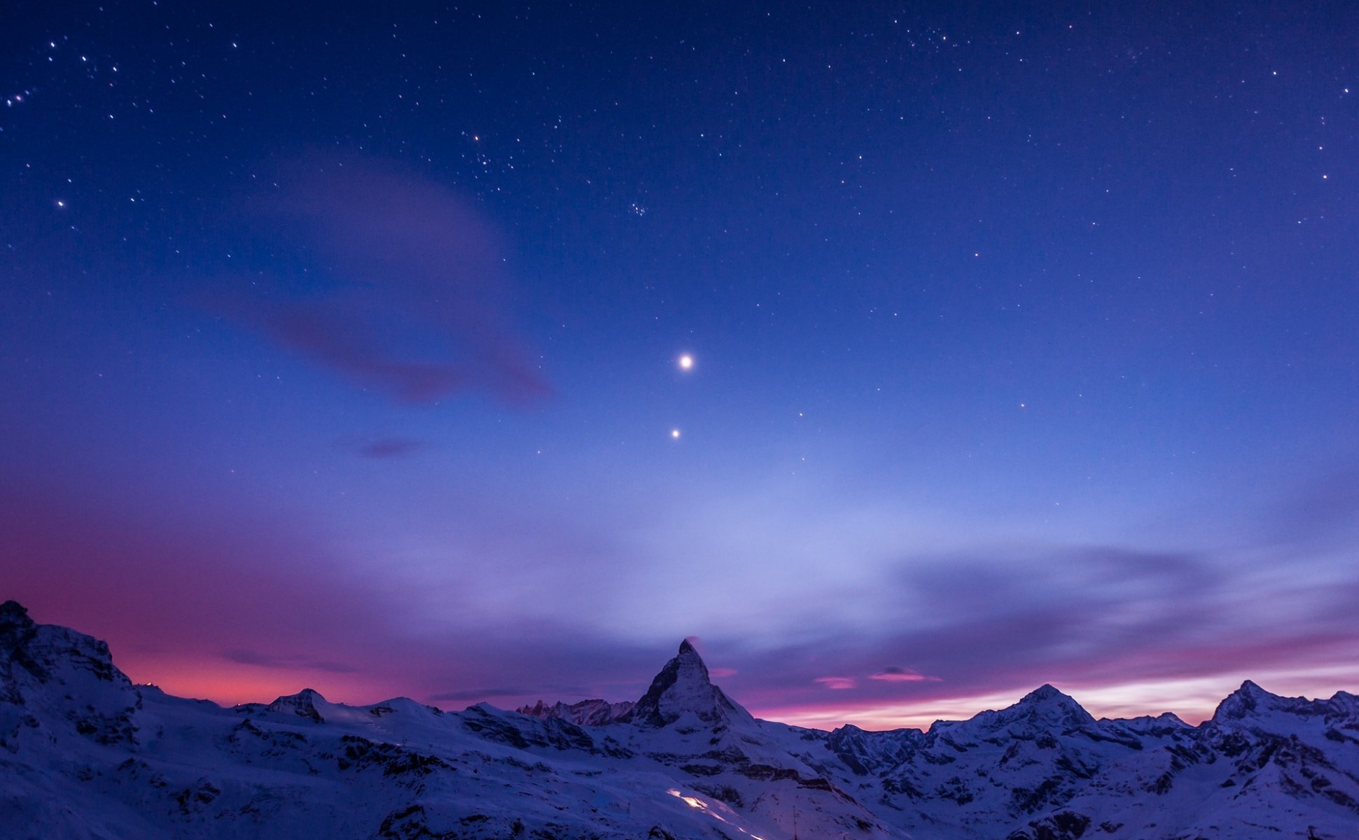 matterhorn berge schnee nacht dämmerung himmel sterne