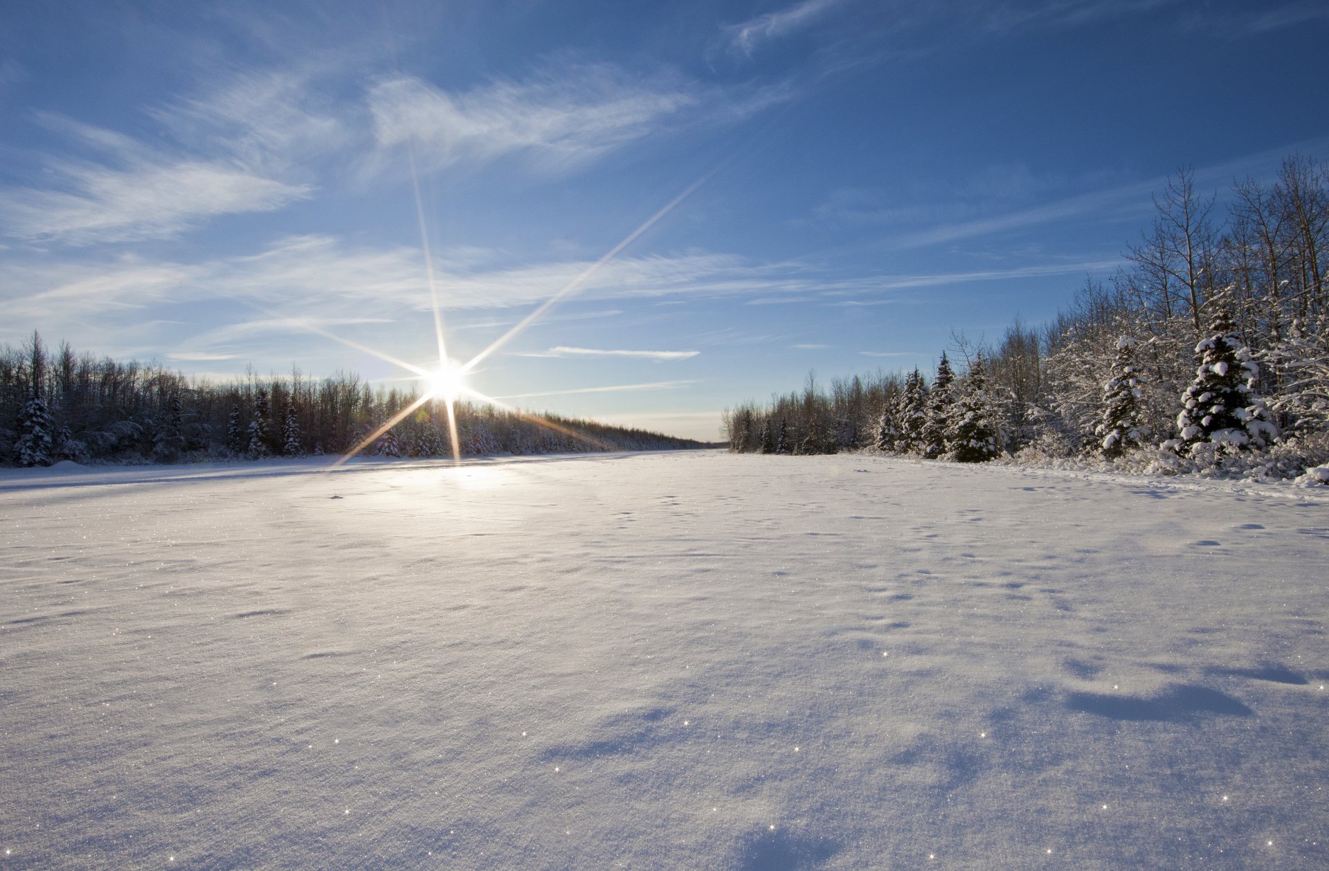 invierno río nieve orillas árboles cielo sol