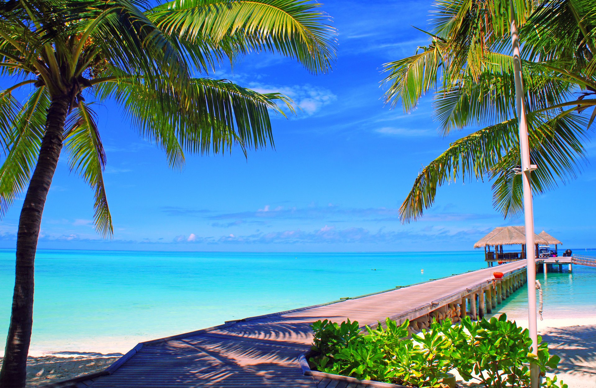 maldive cielo nuvole orizzonte isola palme ponte bungalow mare oceano