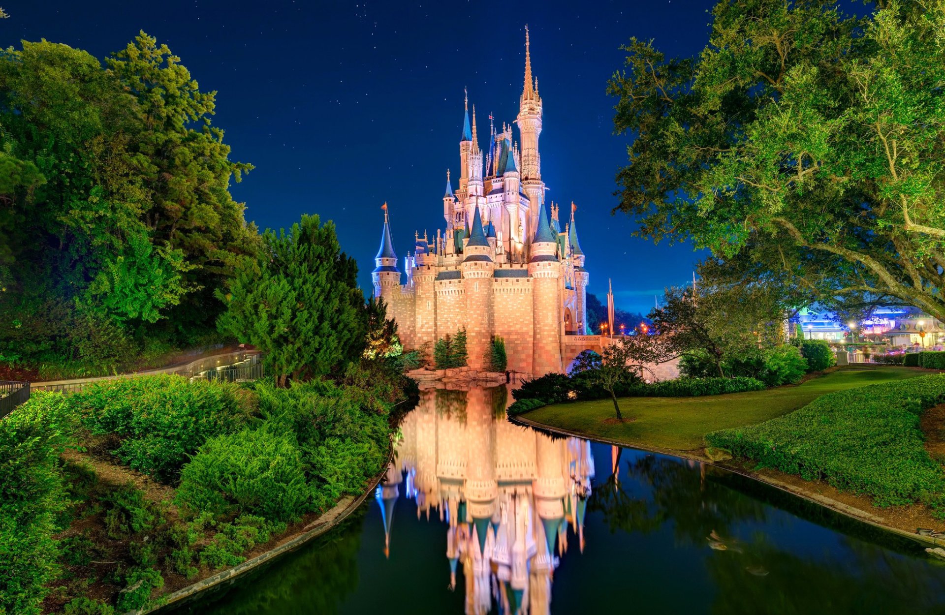 disneyland château de cendrillon usa orlando ciel étoiles parc arbres rivière