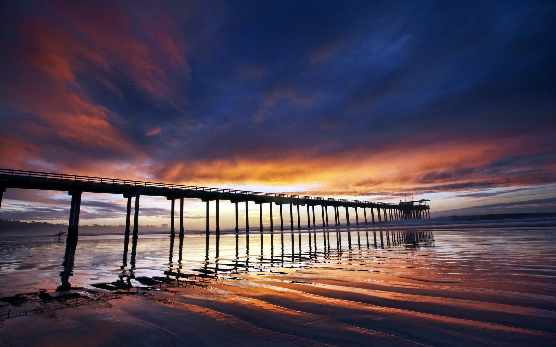 puesta de sol mar puente paisaje