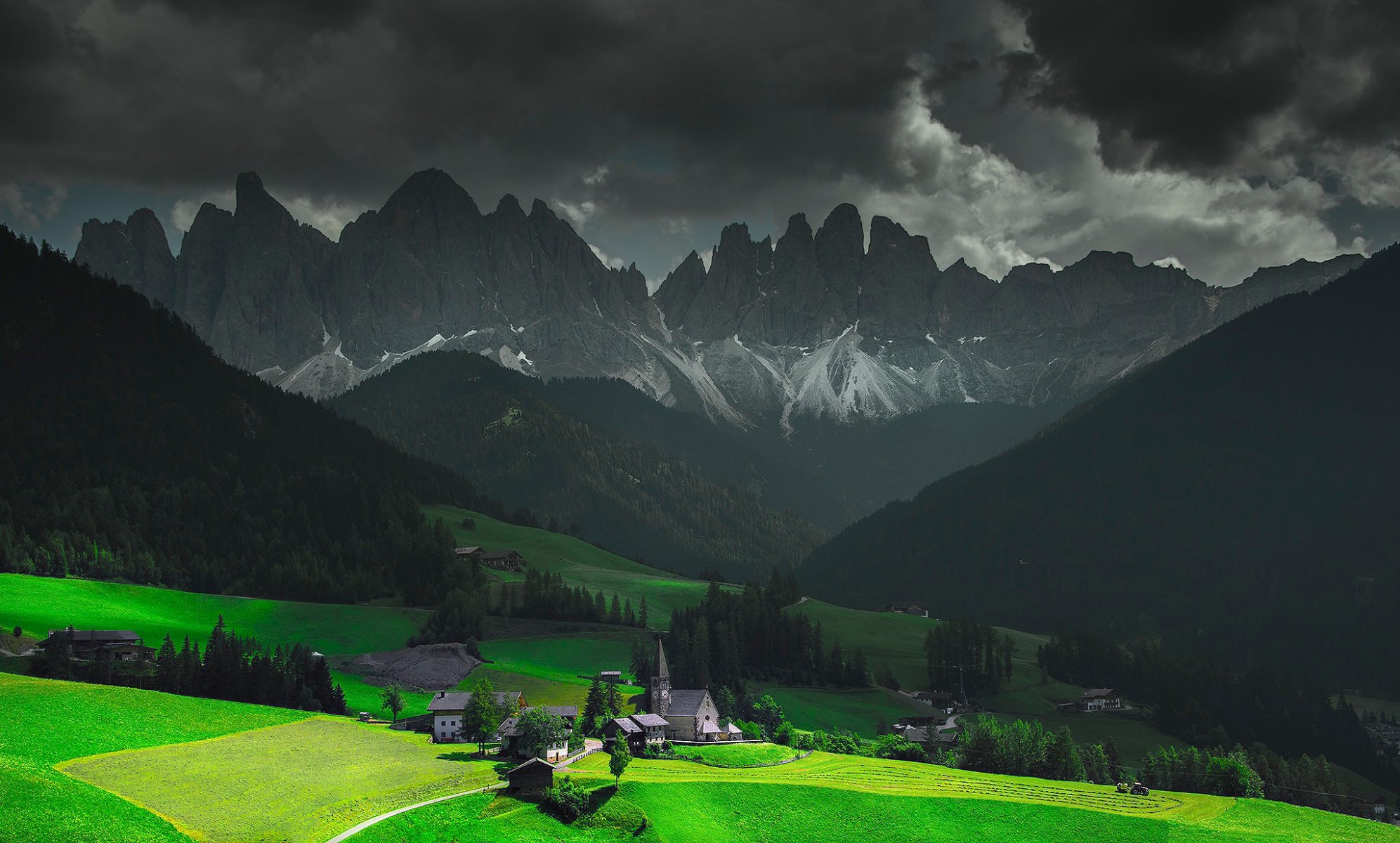 italy funes santa magdalena mountains alps sky clouds clouds valley light houses church chapel