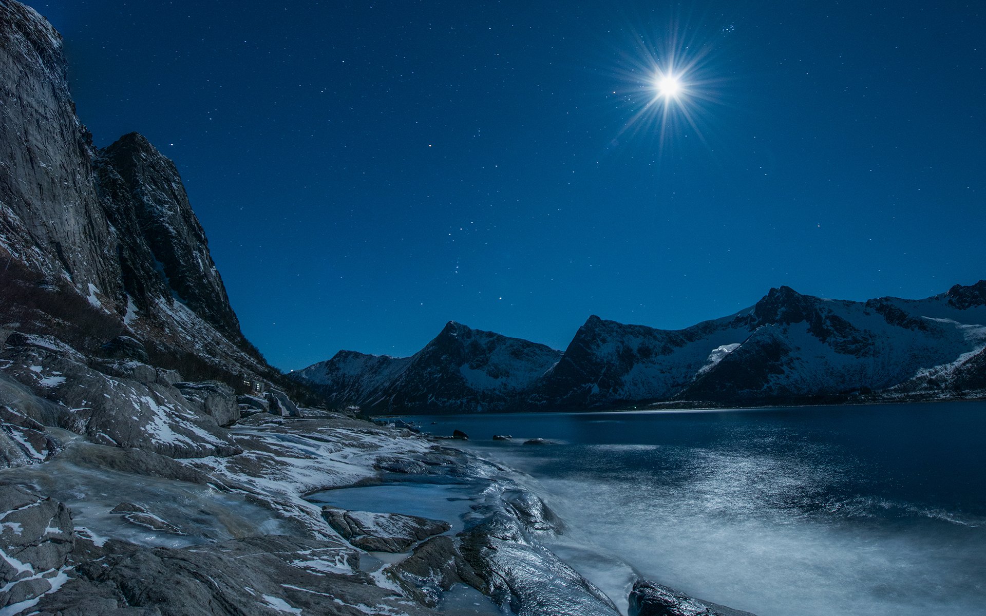 soirée lac montagnes roches étoiles clair de lune hiver