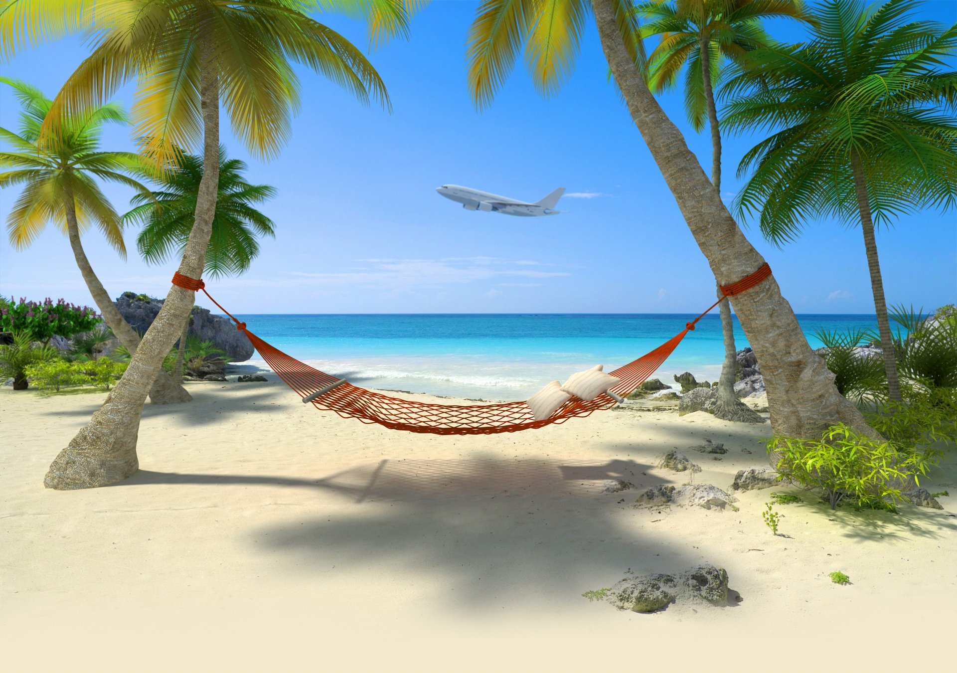 plane flying over the island tropics sea beach hammock the plane