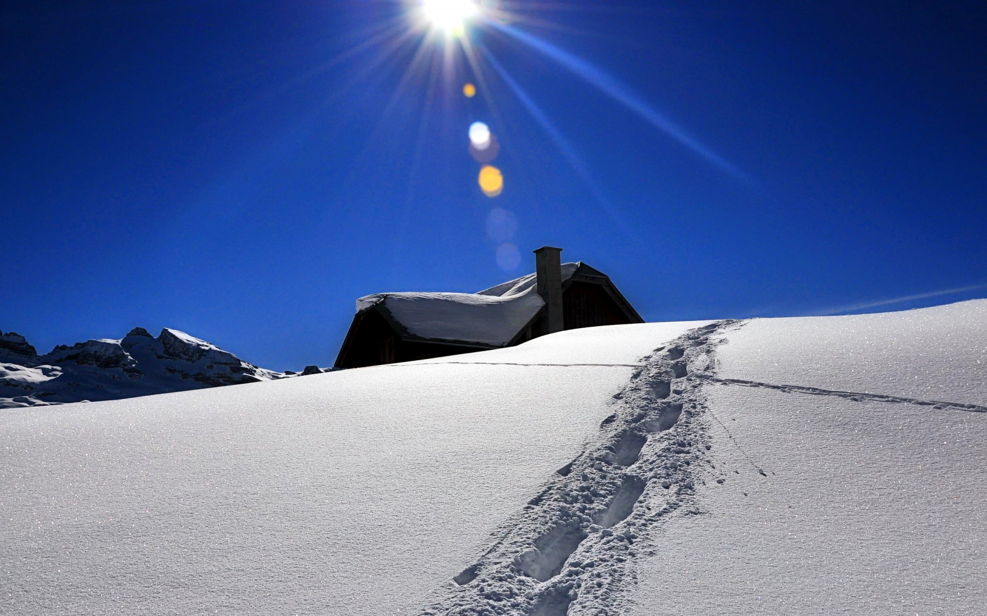 winter snow house traces sky landscape